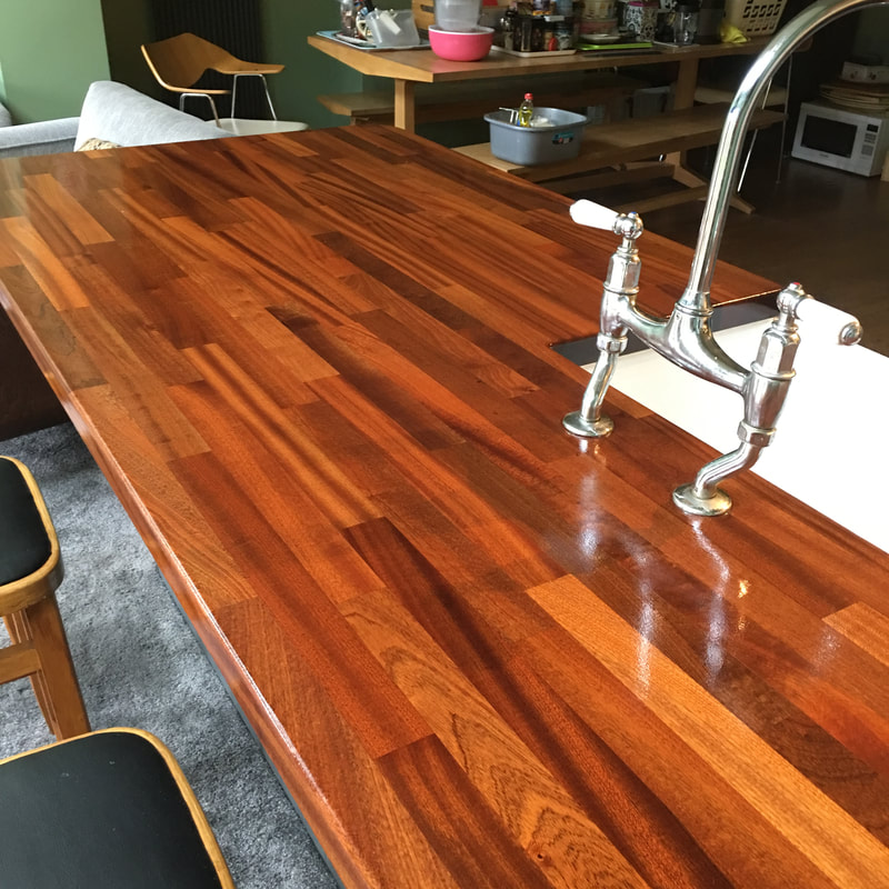 iroko sapele solid wood kitchen butchers block countertop restored and finished in Audlem near Crewe